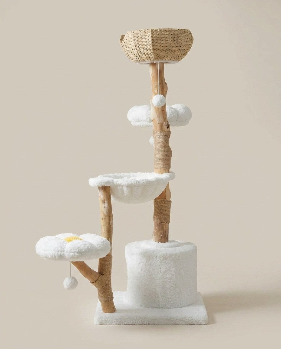 Arbre à Chat Design avec Panier Osier et Griffoir Sisal