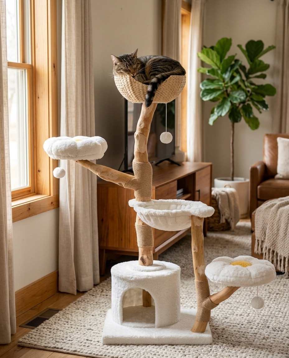 Arbre à Chat Design avec Panier Osier et Griffoir Sisal