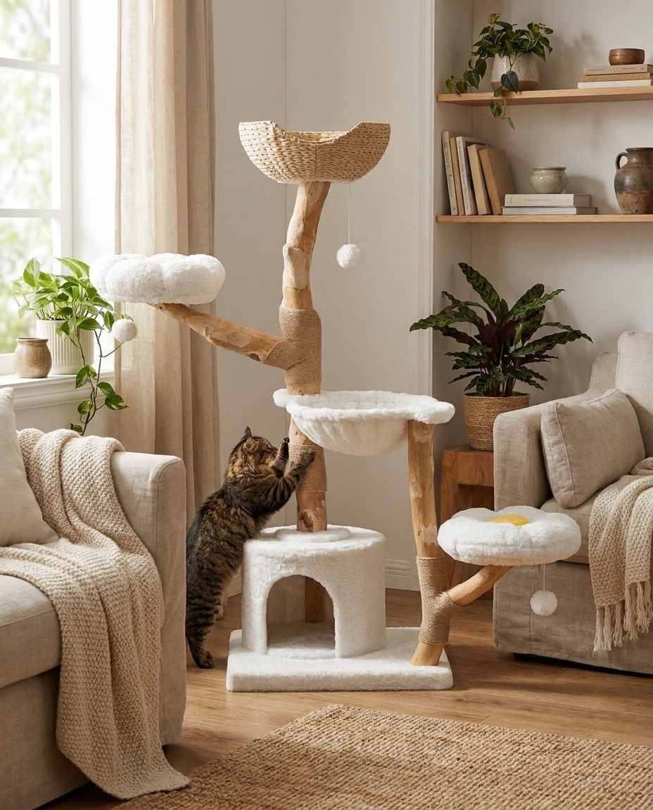 Arbre à Chat Design avec Panier Osier et Griffoir Sisal
