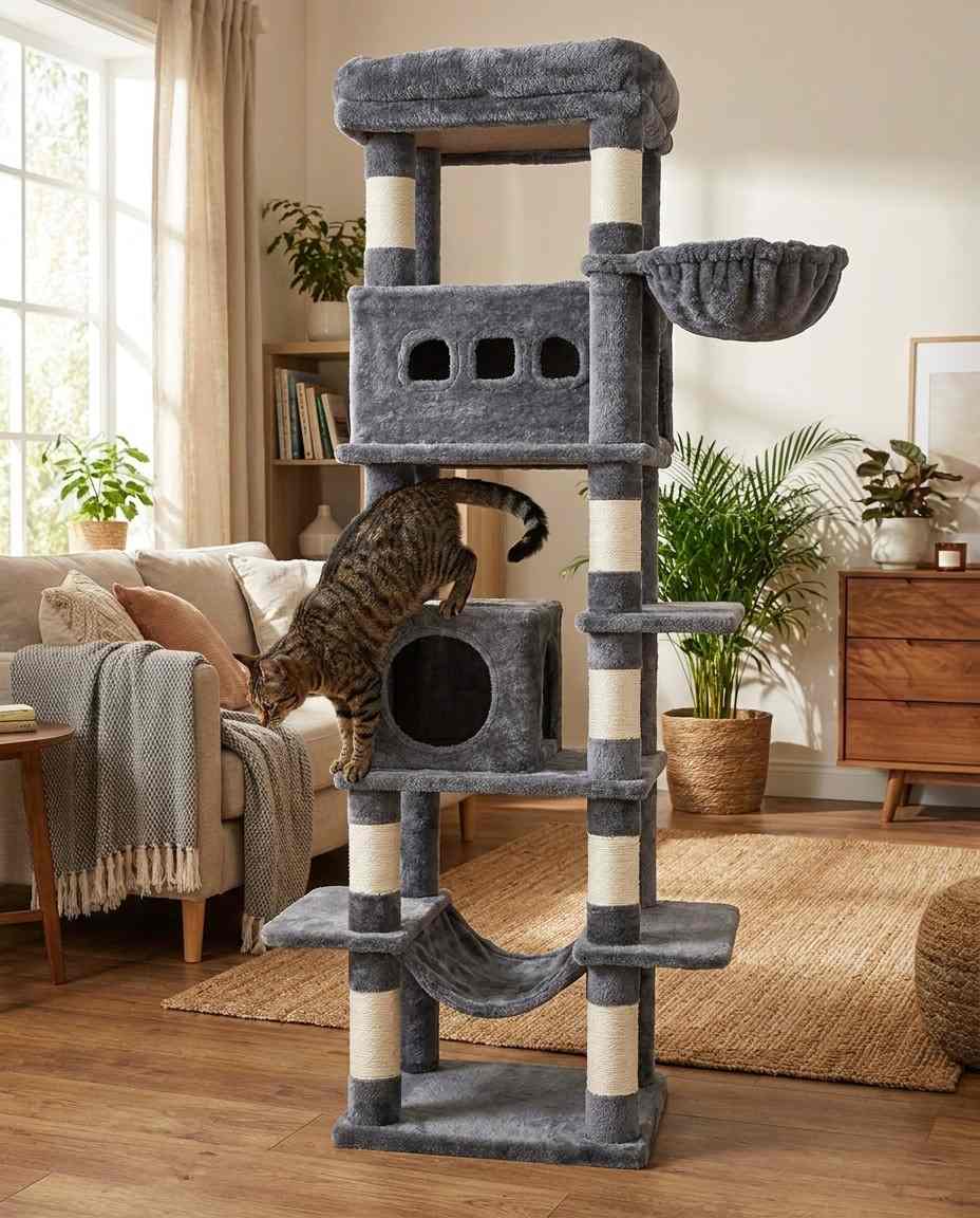 Arbre à Chat XXL 170cm avec Tapis Lavable et Grand Perchoir