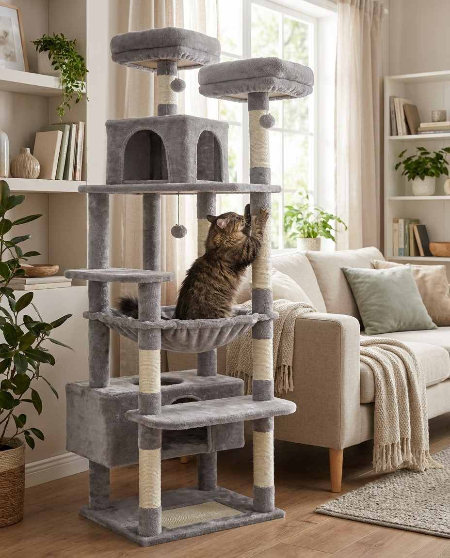 Arbre à Chat Multi-Niveaux 184cm avec Hamac et Griffoirs Sisal